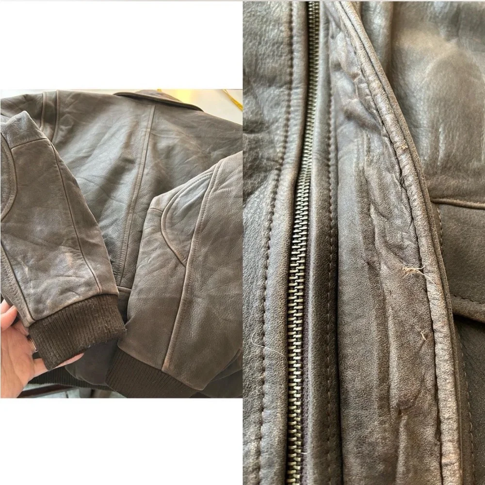 Vintage 1990s Class Club Distressed Leather Streetwear Bomber Jacket Brown. - Picture 7 of 8